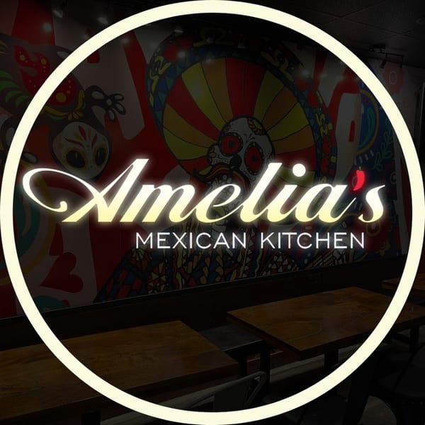 Amelia's Mexican Kitchen logo over a vibrant mural and restaurant tables.
