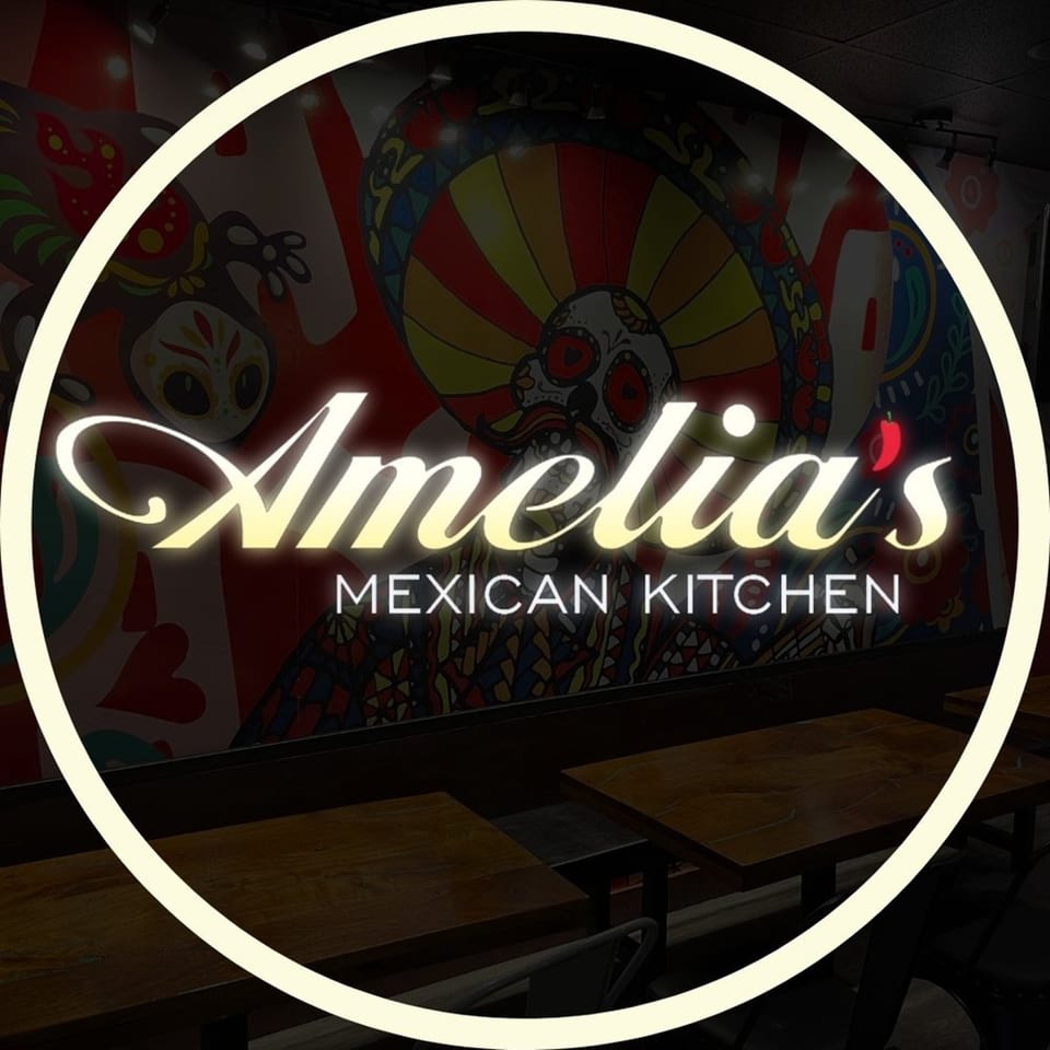 Amelia's Mexican Kitchen logo over a vibrant mural and restaurant tables.