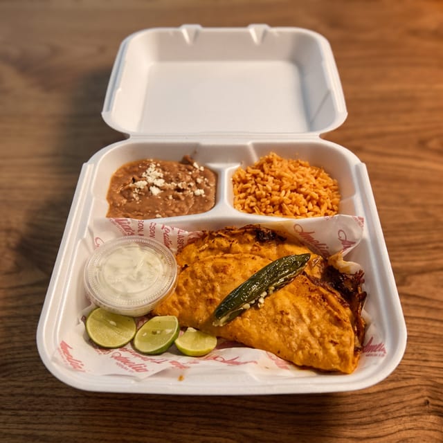 2 Quesabirria rice & beans & Caldo.