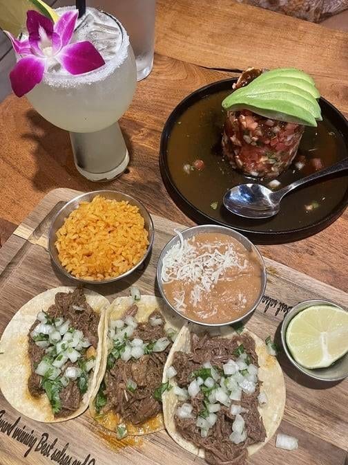 3 Ground Beef Tacos w/Rice & Beans.